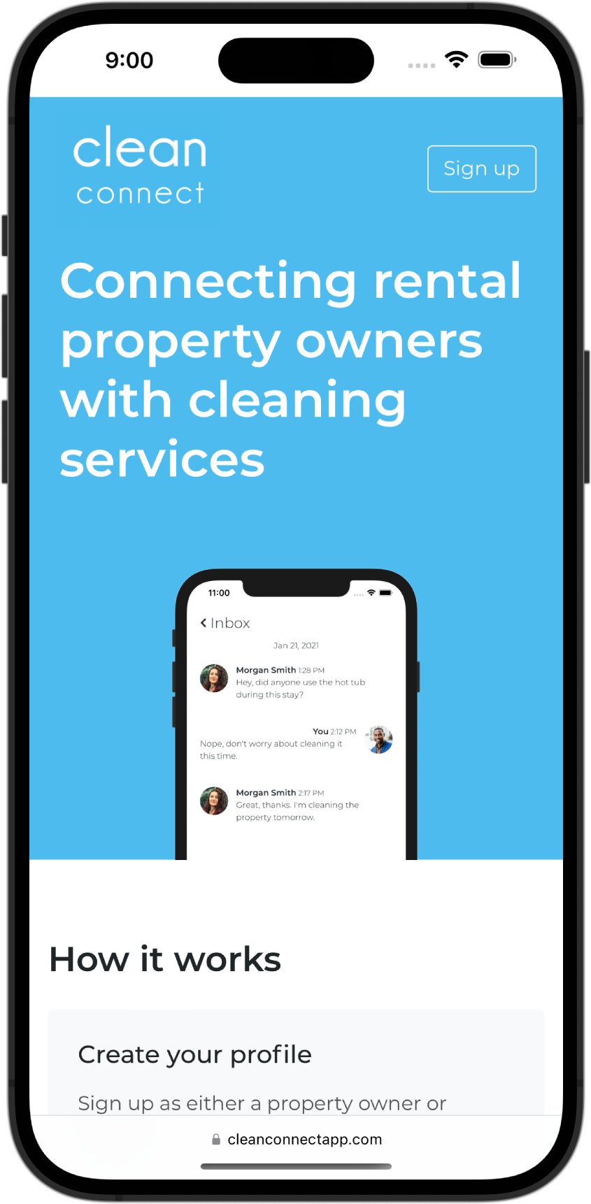 Screenshot of Clean Connect website on a mobile phone
