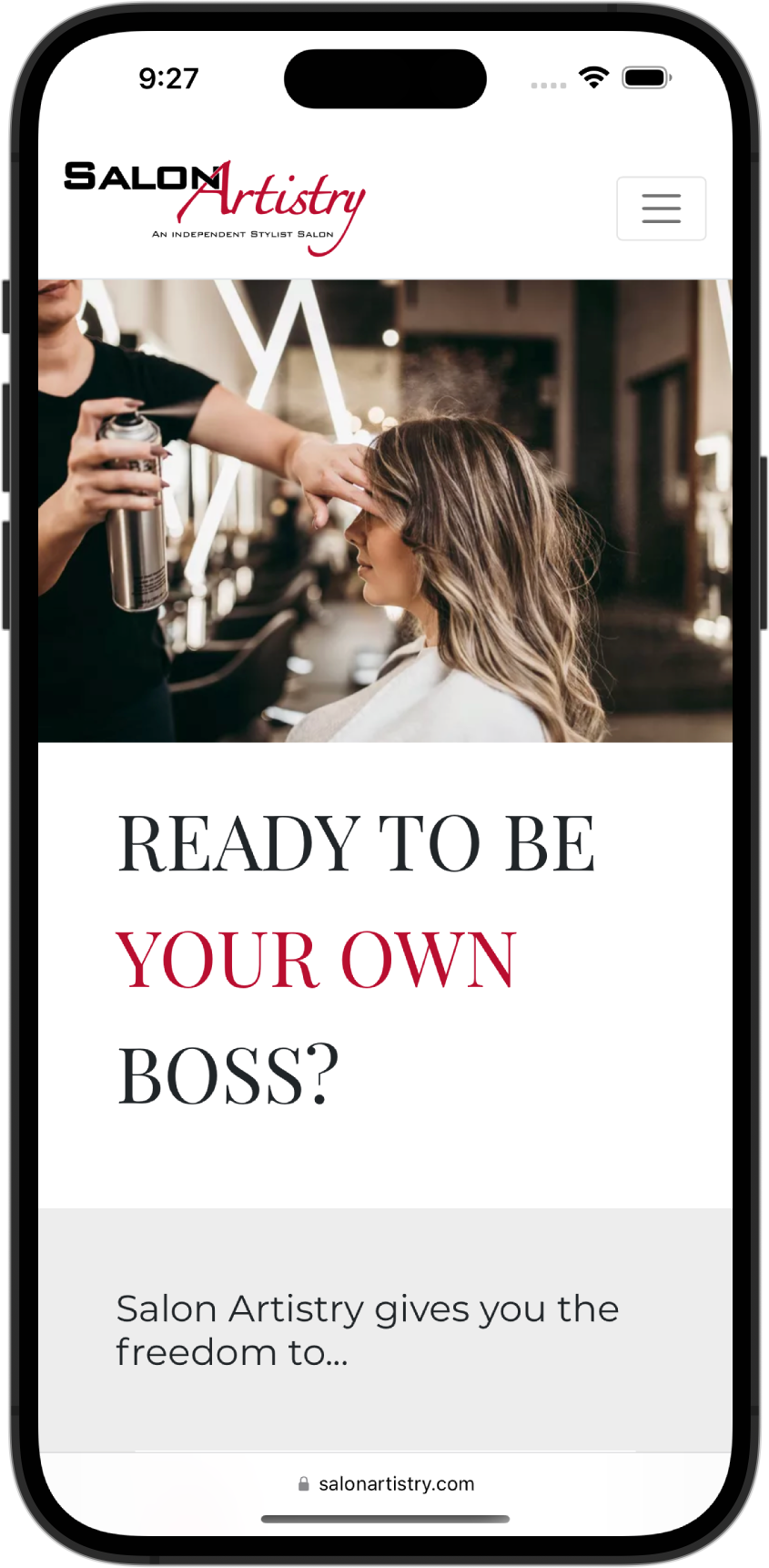 Screenshot of Salon Artistry website on a mobile phone